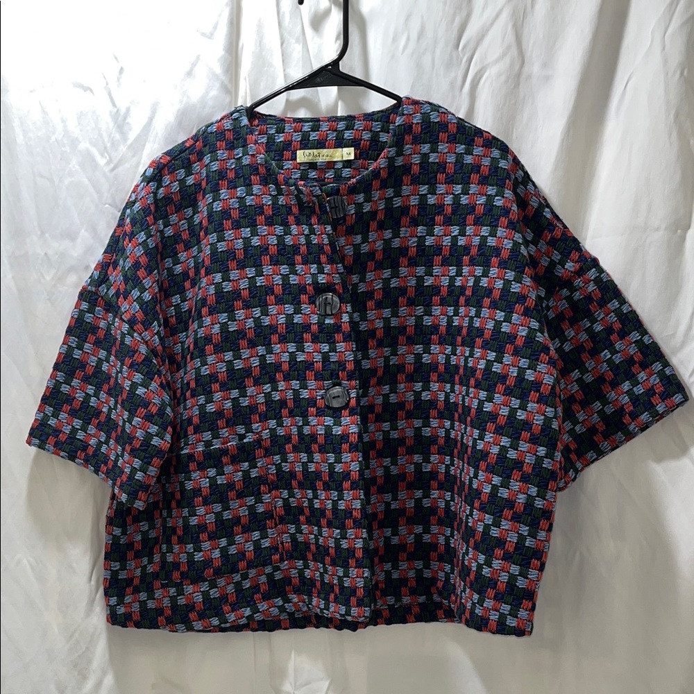 Boxy Short Sleeve Tweed Jacket in Navy, Red & Light Blue